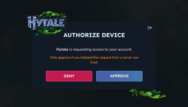 Hytale Authorize Device page with Approve and Deny buttons